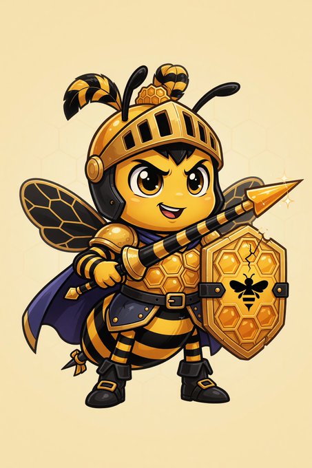 A cartoon illustration of an anthropomorphic bee warrior wearing golden armor and a purple cape, holding a spear and a shield with a bee emblem.