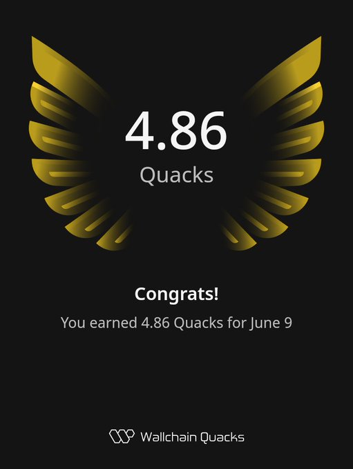 The image shows a poster or card that displays an achievement for someone who has earned 4.86 Quacks within 24 hours. The poster features a gold bird's wing design, symbolizing success or victory. It also includes text congratulating the person on their accomplishment and providing information about how to earn more Quacks in the future.