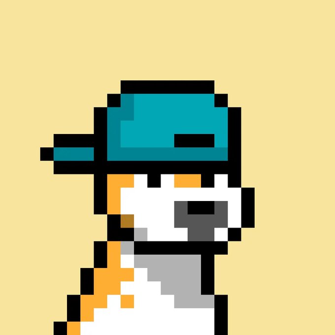 A pixel art character with a teal helmet and white suit against a yellow background.