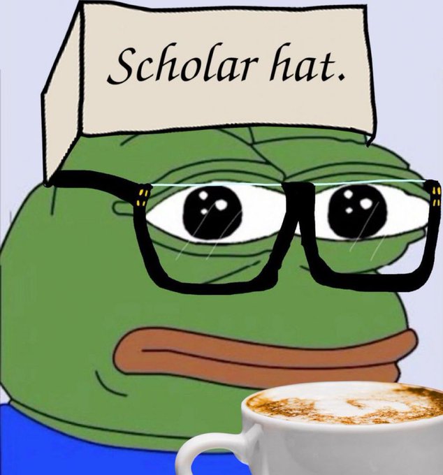 A sad Pepe the Frog wearing glasses and a paper "Scholar hat" drinks coffee, humorously depicting the uncertainty of the market being flat for 2 months, where the next move could "either up or down."