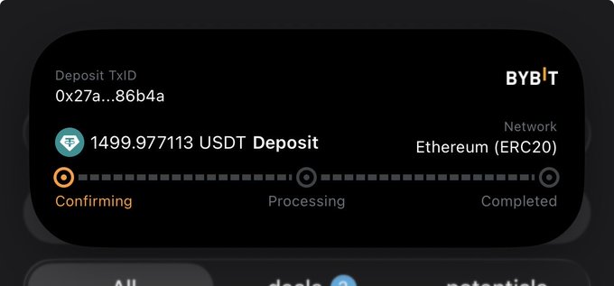 A Bybit deposit confirmation screen showing a USDT deposit of 1499.977113 on the Ethereum (ERC20) network, currently in the 'Confirming' stage with TxID 0x27a...86b4a.