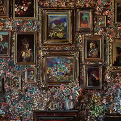 The image features a wall with many framed pictures of people, including some portraits and landscapes. The wall has a dark green color that contrasts with the colorful paintings hanging above it. There are also several vases placed throughout the scene, adding to the overall aesthetic appeal. In addition to these decorative elements, there is a potted plant located in the bottom right corner of the image. The post about Avia Portat by @sjf_keef is related to this wall display as it seems to be promoting or discussing the artwork on display.