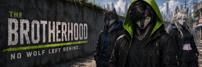 A community banner for the Robinhood-inspired memecoin $PACK features the bold text "THE BROTHERHOOD" and "NO WOLF LEFT BEHIND," alongside three stylized anthropomorphic wolf characters in urban attire, evoking a street-smart pack mentality tied to the token's branding.