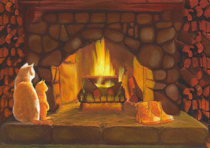 A warm illustrated painting showing two cats and a pair of boots sitting in front of a glowing stone fireplace.