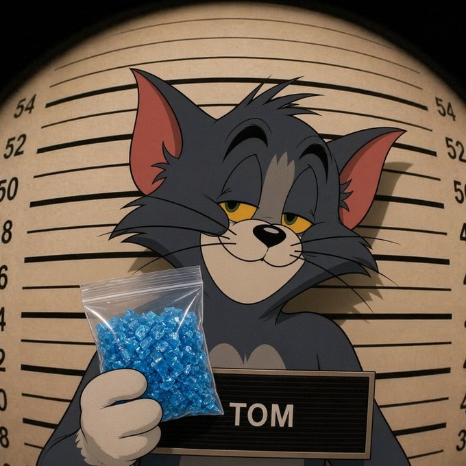 A cartoon mugshot of Tom from Tom and Jerry holding a bag of blue crystal-like substance, with a nameplate reading 'TOM' against a height-measuring backdrop.