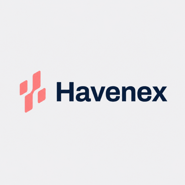 The Havenex logo features an abstract geometric mark in coral pink alongside the brand name in bold dark navy text. The image visually anchors the post's message about Havenex's institutional-grade digital asset infrastructure, with the clean, professional design reflecting the regulated, bank-focused approach highlighted in the caption.