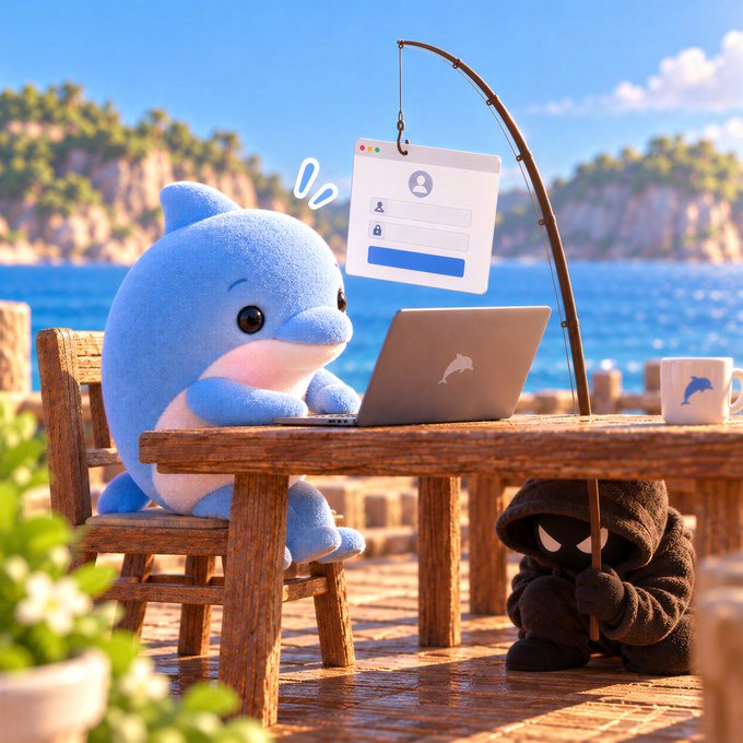 A 3D-rendered scene features a cute blue cartoon dolphin plush character sitting at a wooden table using a laptop with a dolphin logo, while a hooded figure holds a fishing rod dangling a login page in front of it, set by the ocean.