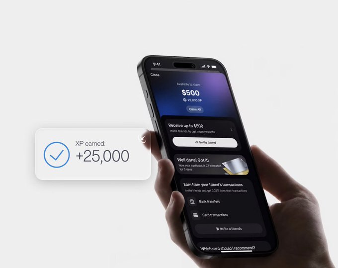 An image of a person holding their cellphone, showing a screen displaying information about an app called XP-erience, which offers a range of benefits for users such as earning up to 10% XP every time they spend money. The app also suggests that by using XP-erience, the user can benefit from compounding and potentially earn more with each transaction than just using a traditional app or credit card.