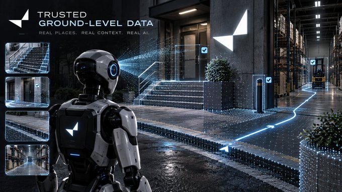 A futuristic promotional graphic titled 'TRUSTED GROUND-LEVEL DATA' featuring a white humanoid robot scanning a modern urban street with data visualizations.
