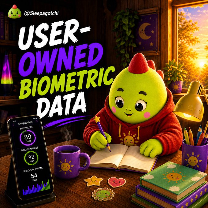 A promotional image for @Sleepagotchi featuring a green cartoon dinosaur character in a red hoodie writing in a notebook, with text reading 'USER-OWNED BIOMETRIC DATA' and a phone displaying 'SLEEP SCORE 89 Great', 'DAILY READINESS 82 High', and 'RECOVERY STREAK 54 Days'.