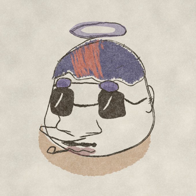 A watercolor and ink drawing of a round-headed character with blue and orange hair, sunglasses, a halo, and a cigarette in their mouth.