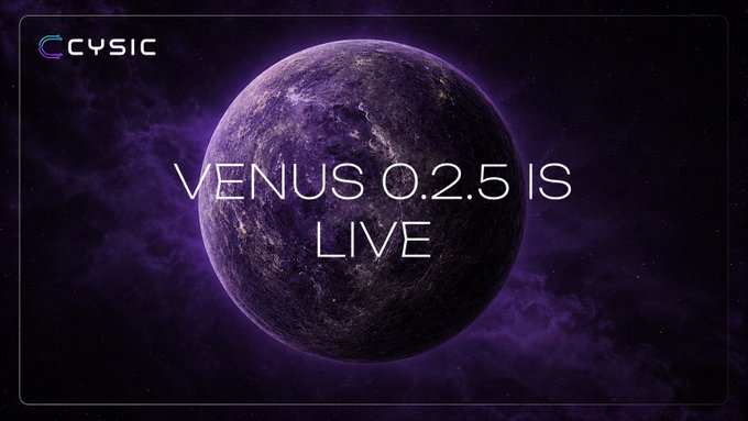 A dark purple space-themed promotional banner features the CYSIC logo in the top-left corner alongside an image of a planet resembling Venus, with the bold central text "VENUS 0.2.5 IS LIVE" announcing the release of the new version.