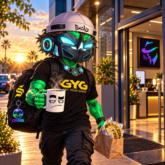 A digital artwork depicts a character wearing a futuristic mask and a black 'GYG' t-shirt, holding a coffee mug and a paper bag of tacos outside a modern building at sunset.