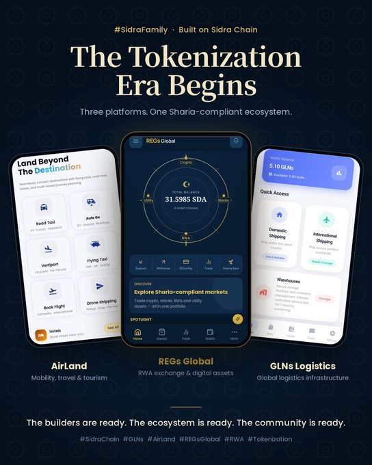 Promotional graphic for #SidraFamily built on Sidra Chain titled 'The Tokenization Era Begins' showcasing three apps: AirLand (mobility), REGs Global (RWA exchange with 31.5985 SDA balance), and GLNs Logistics.