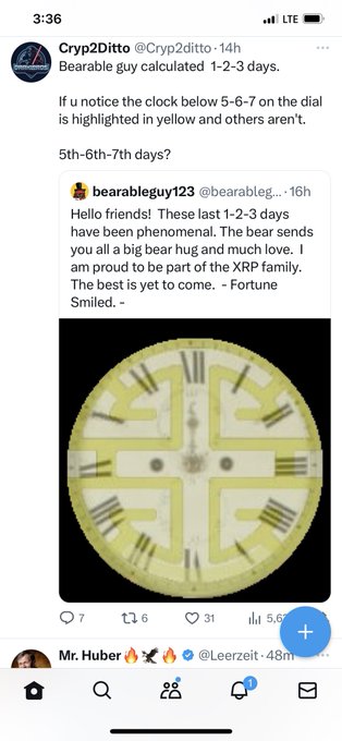 A Twitter/X post from @Cryp2ditto commenting on a 'Bearable guy' clock, noting the 5th-6th-7th days are highlighted in yellow.