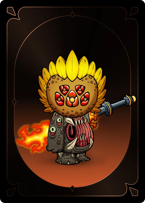 A stylized tarot card illustration of a grotesque, fleshy creature with a flaming yellow head, a fanged maw, and a sword piercing its body against a dark background.