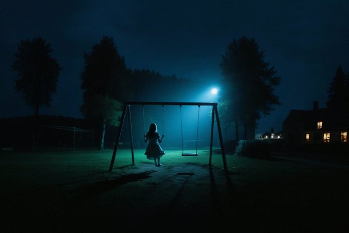 A silhouette of a child sits on a swing set in a dark outdoor area, illuminated by a bright blue light source that casts long shadows across the grass.