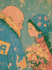 A vintage-style illustration depicts a bald figure in a blue patterned robe facing a girl in a blue floral headscarf holding a bouquet of flowers.