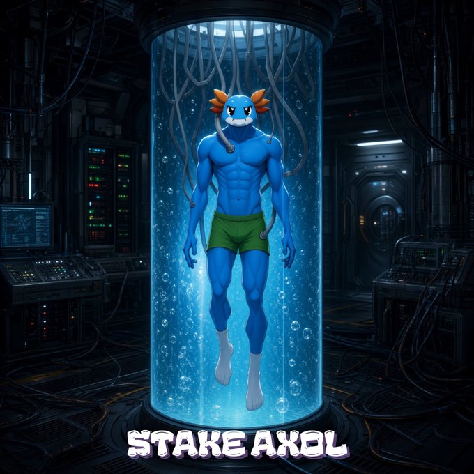 A muscular blue axolotl character is suspended in a glowing cylindrical fluid tank within a dark, high-tech laboratory, with the text "STAKE AXOL" displayed at the bottom. The image visually represents the "Stake AXOL" farming pool, depicting the token as a subject of scientific experimentation or preservation in a futuristic containment facility.