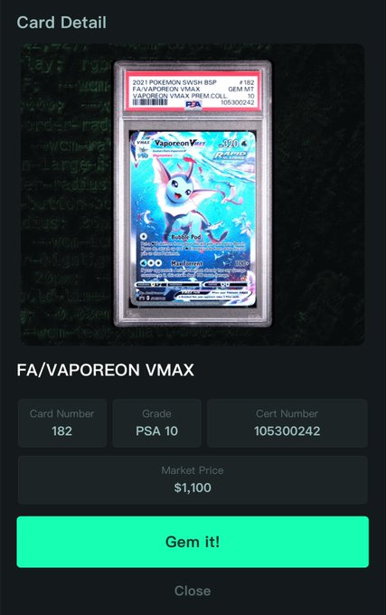 Card Detail screen for a PSA 10 graded FA/Vaporeon VMAX Pokemon card (#182) with a market price of $1,100, featuring a "Gem it!" button.