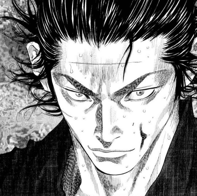 A black-and-white manga-style close-up of a man's intense, sweating face with sharp eyes, drawn in a highly detailed ink style.