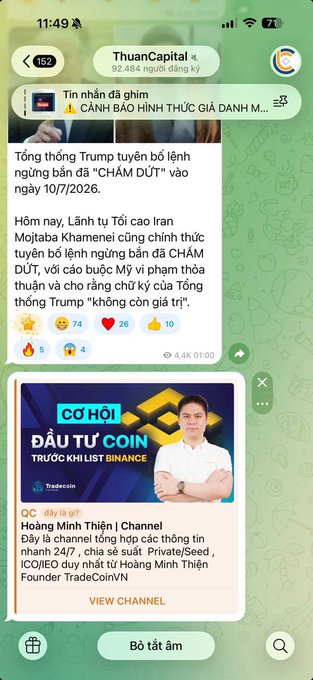 A Telegram screenshot from "ThuanCapital" (92,484 subscribers) displays a Vietnamese news alert reporting that Trump has signed an order banning "Chặn Dứt" calls until 7/10/2026, with Hồng Minh Thiện's channel ad promoting "Đầu Tư Coin" visible below. The post appears to mock private Telegram groups hyping crypto buy calls, noting that such "private seed" investment channels are essentially auto-losses, while the Trump order news shows regulators cracking down on these speculative betting operations.