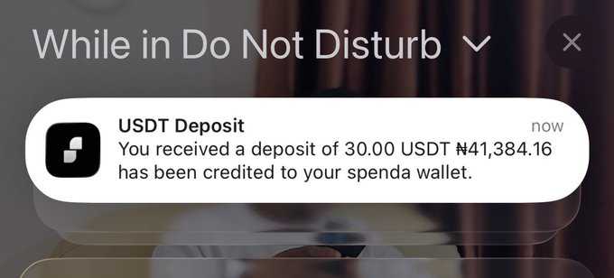 A notification from Spenda wallet shows a deposit of 30.00 USDT (₦41,384.16) credited to the user's account, used as proof in a promotional post highlighting @web_3_donn's Telegram earnings claims.