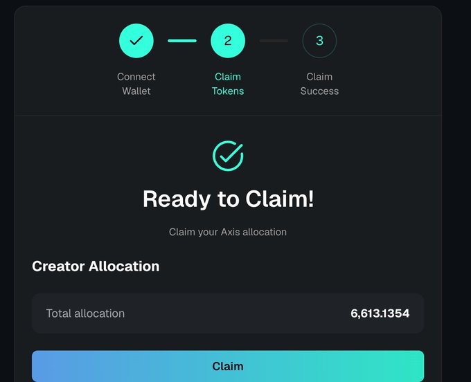 A dark-themed AXIS Robotics token claim screen shows the three-step process completed through “Connect Wallet,” with “Claim Tokens” as the current step and “Claim Success” pending. It displays “Ready to Claim!,” “Claim your Axis allocation,” a “Creator Allocation” of 6,613.1354, and a large “Claim” button, supporting the post’s claim-now and Upbit listing announcement.