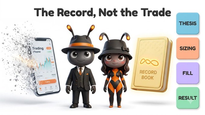 An illustration titled "The Record, Not the Trade" features two ant characters in formal attire standing between a phone displaying a trading chart and a gold "Record Book," with labeled buttons reading THESIS, SIZING, FILL, and RESULT.