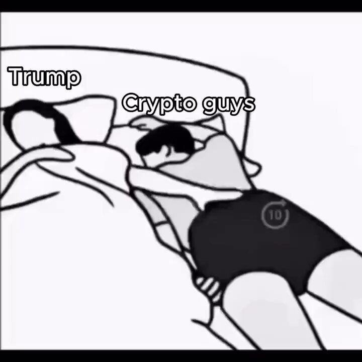The image features a cartoon depiction of a man laying down in bed with his arms around another person, who appears to be a woman. The caption below the image reads "Trump Crypt Guys", which seems to be a reference to the President's recent speech about Bitcoin and cryptocurrency.
