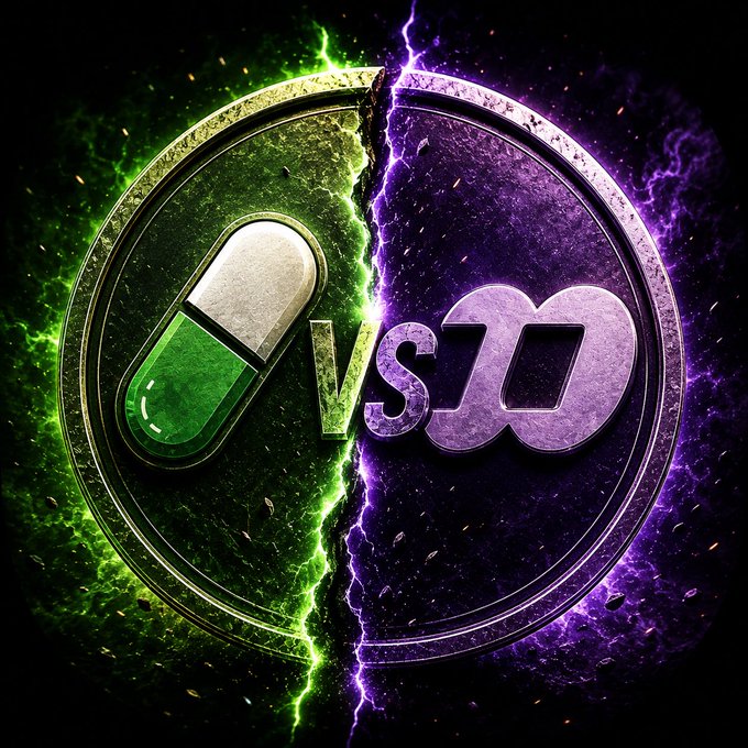 A graphic illustration depicting a 'vs' battle between a green and white capsule pill and a purple infinity symbol, split by lightning on a circular metallic background.