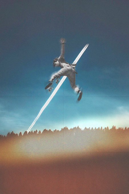 A person in a white spacesuit performing a dynamic mid-air pose with white light trails, set against a blue sky above a silhouetted tree line and reddish horizon.
