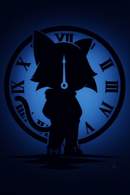 A dark silhouette of an anthropomorphic cat character with a tail stands against a glowing blue clock face with Roman numerals.