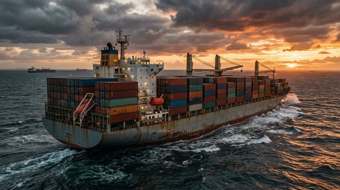 A large container ship loaded with colorful shipping containers sailing on the ocean at sunset, with another ship visible in the distance.