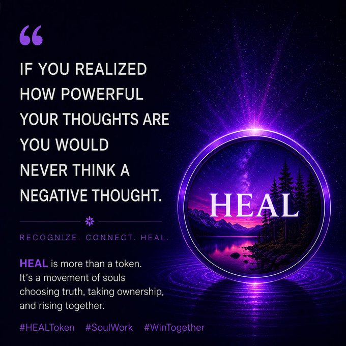The image features a quote written in purple text above an image of a circle with a tree and mountains inside. The caption below the image reads, "If you truly believed how powerful your thoughts are, you would never think a negative thought."