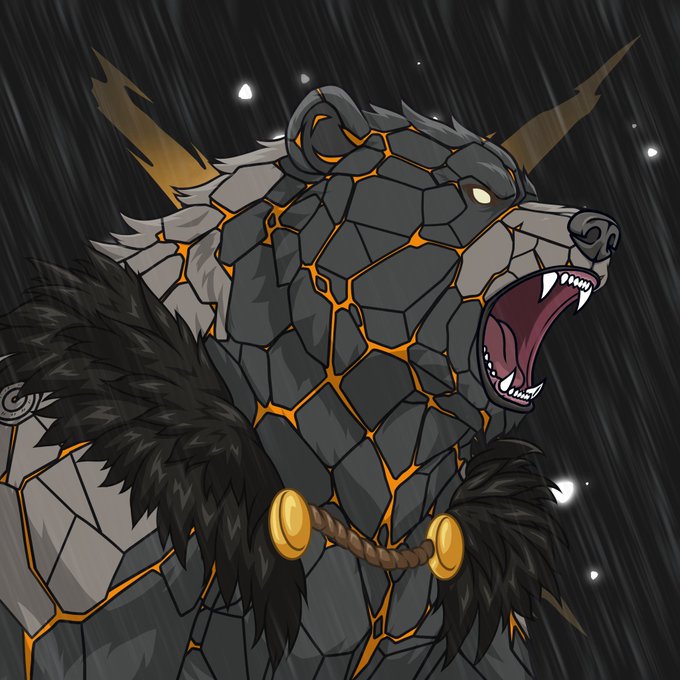 A digital illustration of a fierce bear-like creature with rocky gray armor plating cracked by glowing orange fissures, wearing a fur mantle with gold medallions.
