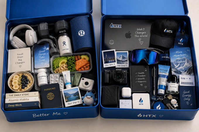 Two blue 'Better Me' and 'HTX' subscription boxes filled with items including headphones, a yoga mat, a laptop, camera, ski goggles, snacks, and motivational cards with phrases like 'Small Steps Big Changes' and 'Good Vibes Only'.