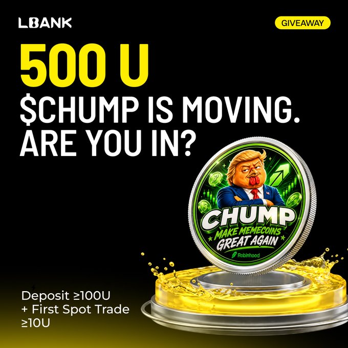 A promotional graphic from LBank announcing a 500 USDT giveaway for the $CHUMP meme coin, featuring a caricature coin labeled "CHUMP - Make Memecoins Great Again" resting on a gold splash platform. The ad details entry requirements—depositing ≥100 USDT and completing a first Spot trade of ≥10 USDT—matching the accompanying post's call for traders to participate and win a share of 500 USDT.