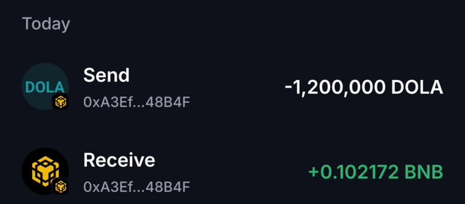 A cryptocurrency transaction history showing a Send of -1,200,000 DOLA and a Receive of +0.102172 BNB, both from address 0xA3Ef...48B4F.