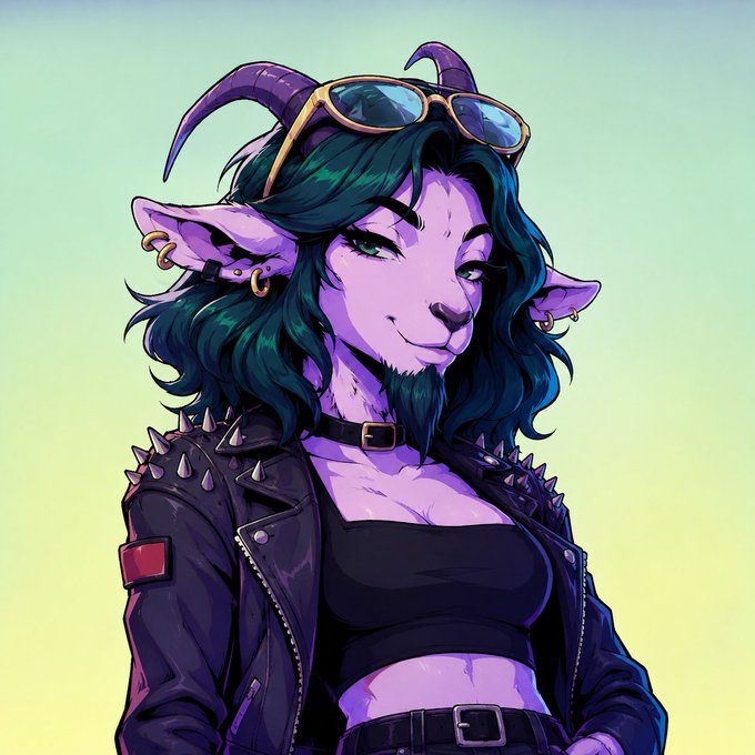 A digital illustration of a purple-skinned character with horns, long ears, teal hair, sunglasses on their head, and a spiked black leather jacket against a gradient background.