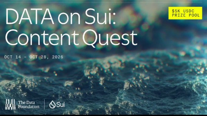 A promotional banner for 'DATA on Sui: Content Quest' running from October 14 - October 28, 2026, with a $5K USDC prize pool, sponsored by The Data Foundation and Sui, set against an ocean water background.