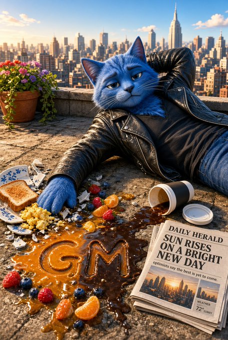 An AI-generated image of a blue cat wearing a leather jacket lying on a city rooftop with breakfast items spilled around, a newspaper reading 'DAILY HERALD - SUN RISES ON A BRIGHT NEW DAY', and 'GM' written in syrup.