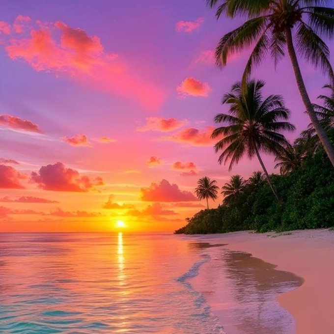 A vibrant tropical beach scene at sunset, with the sun setting over calm waters, pink and orange clouds filling the sky, and palm trees lining the shore.