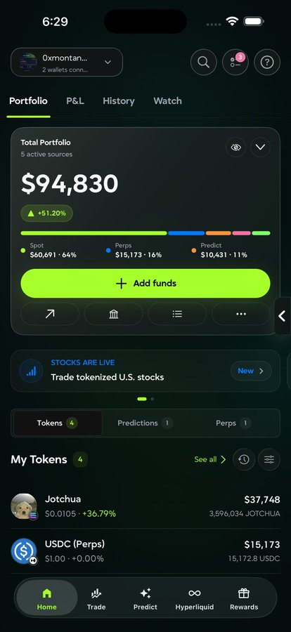 A mobile screenshot of a crypto portfolio app showing a total balance of $94,830 (+51.20%), with holdings in Jotchua ($37,748, +36.79%) and USDC Perps ($15,173), likely used to verify SOL balance for the announced airdrop.