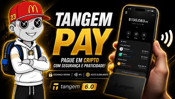A promotional graphic for 'TANGEM PAY' featuring a cartoon character with a McDonald's hat, a smartphone displaying a $130,083.05 balance, and the tagline 'PAGUE EM CRIPTO COM SEGURANÇA E PRATICIDADE!'.