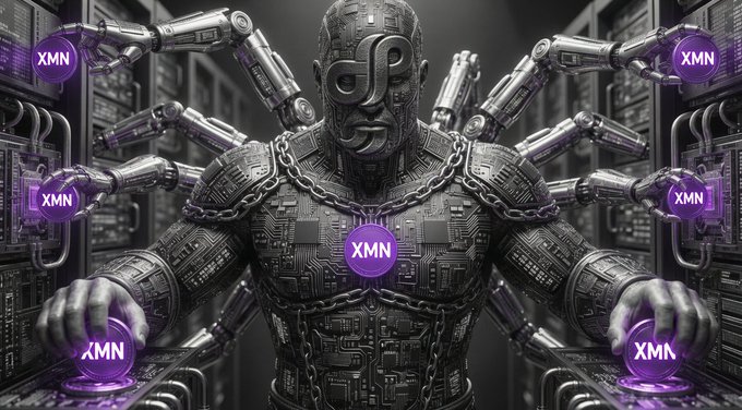 A digital artwork depicting a futuristic armored figure with multiple mechanical arms inside a data center, surrounded by purple 'XMN' token logos.