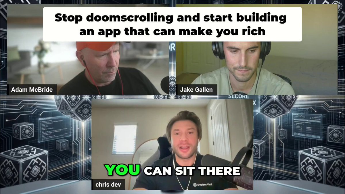 The image features a group of three men sitting behind computer screens, each wearing headphones and focused on their work. The background shows an office setting with cubicles and computers, indicating that they are working in an office environment. The text in the image reads "Stop doodscrolling and start building an app that can make you rich", which suggests that these men might be discussing or planning to create a mobile application for financial management or investing purposes.