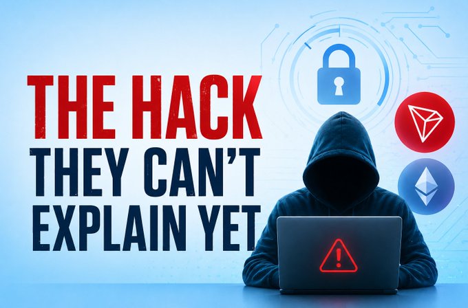 A clickbait-style graphic with bold red and black text reading 'THE HACK THEY CAN'T EXPLAIN YET' alongside a hooded hacker figure at a laptop with a warning symbol, plus a padlock icon and TRON and Ethereum cryptocurrency logos.