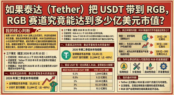 A Chinese-language infographic asks '如果泰达（Tether）把USDT带到RGB，RGB赛道究竟能达到多少亿美元市值？' (If Tether brings USDT to RGB, what billion-dollar market cap can the RGB track achieve?), analyzing market size, and revenue scenarios.