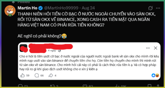 A Twitter/X post by Martin Ho (@MartinHo99999) in Vietnamese discussing cryptocurrency transactions involving USDT between foreign exchanges and Vietnamese banks, asking about money laundering concerns.